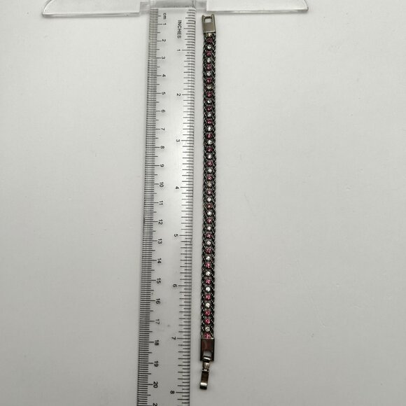 Vintage Sterling Silver 925 Rope Chain Bracelet Pink & Clear Rhinestones 7.25” - Picture 6 of 11